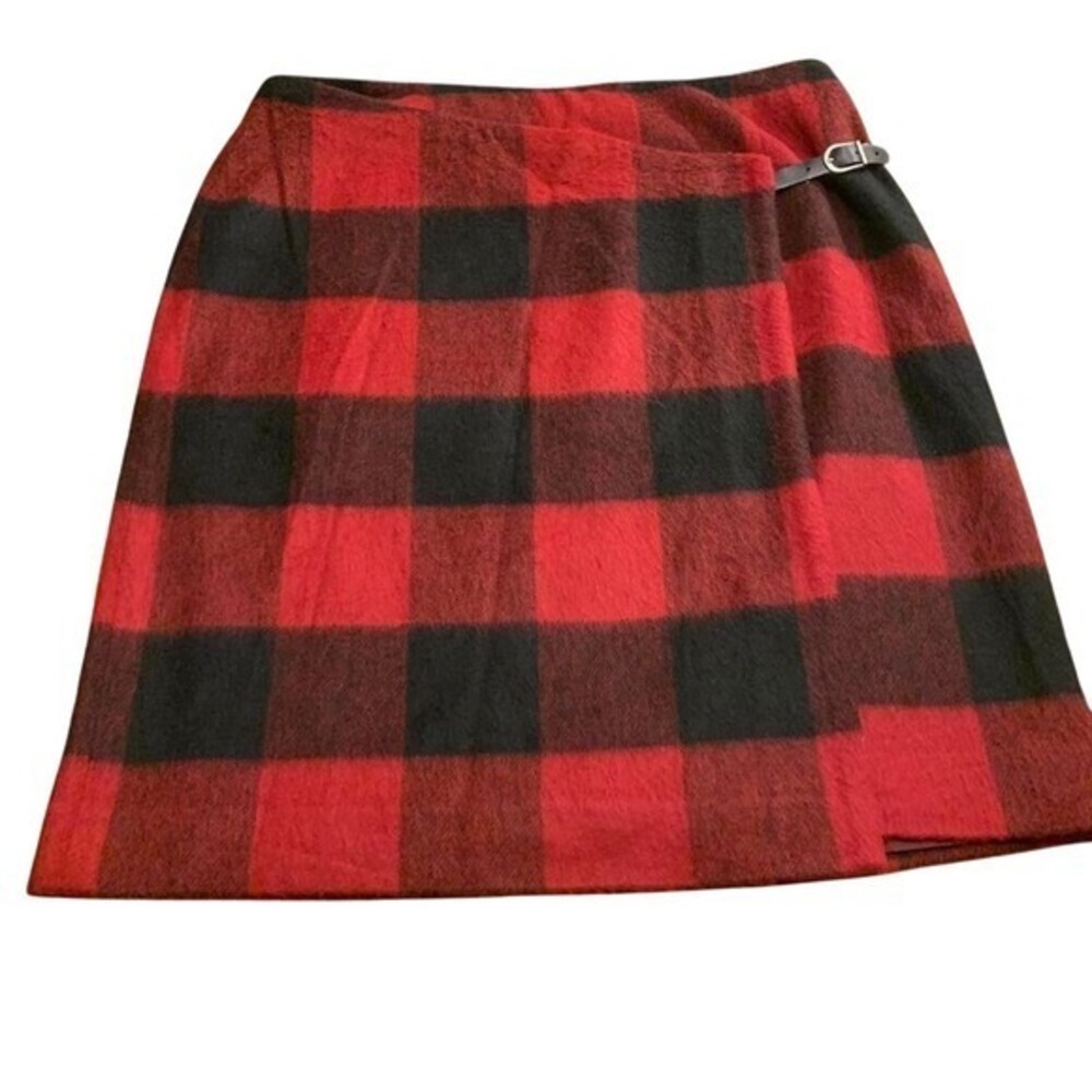 VTG Wool Mini Wrap Skirt Evan Picone Buffalo Check Christmas Academia 14 Red